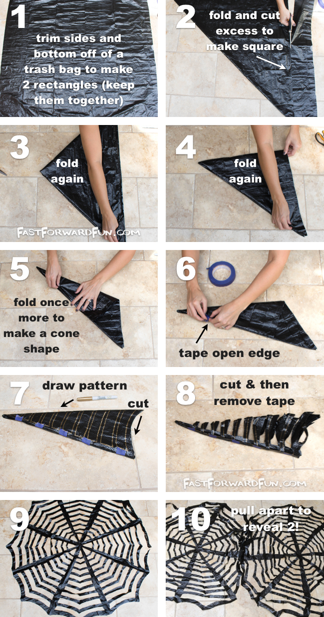DIY Trash Bag Spiderwebs-- These look awesome in a window! So easy and cheap. (video tutorial) | Fast Forward Fun