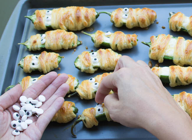 Jalapeño Popper Mummies with eyeballs.