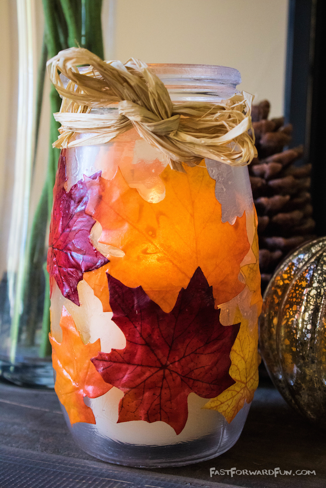 DIY Fall Leaf Candle Holder-- So easy and pretty! (lots of step-by-step photos and video tutorial). Fast Forward Fun
