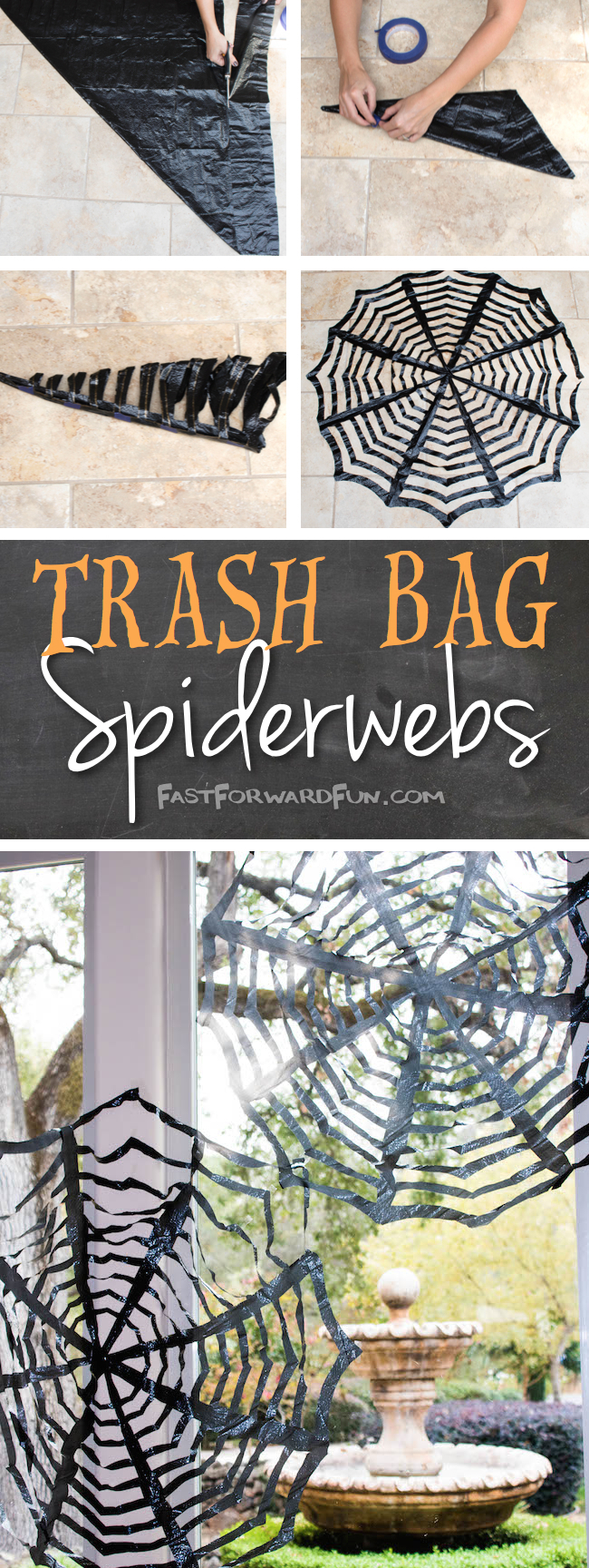 Easy DIY Trashbag Spiderweb Tutorial -- Fun video and lots of step-by-step photos! Perfect for Halloween.