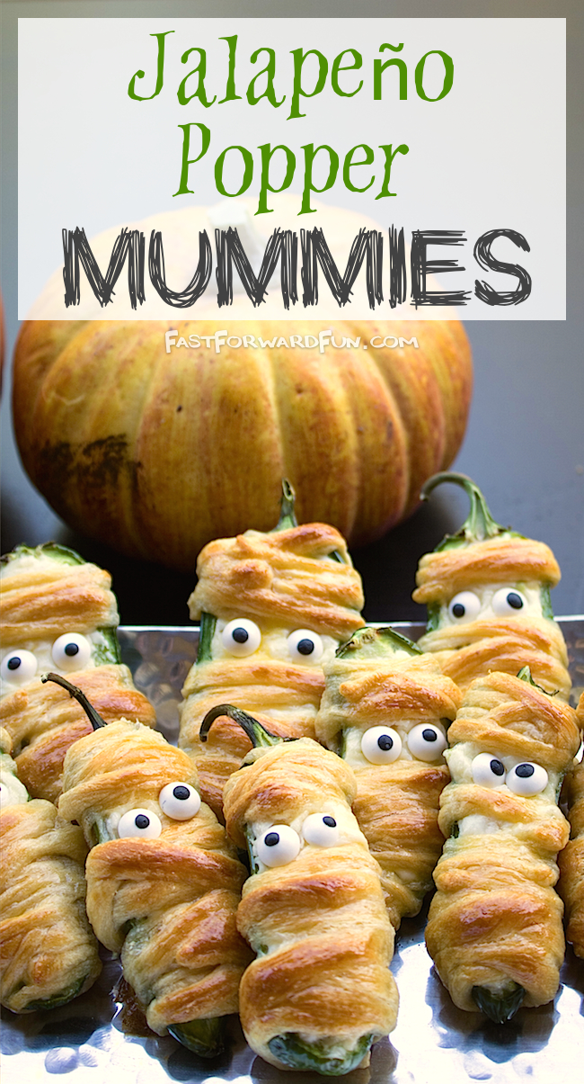 Super fun and easy Halloween snack idea! Jalapeño Mummies (video tutorial and step-by-step photos) Fast Forward Fun