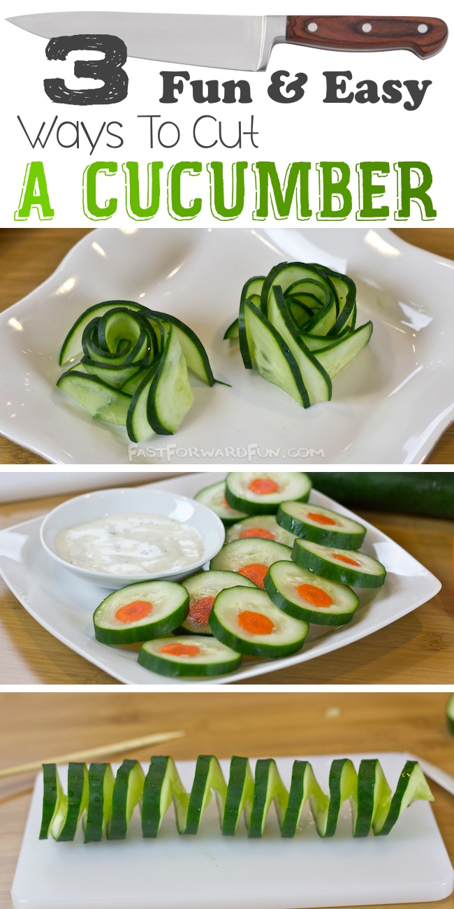 Super fun video tutorial! (less than a minute). I LOVE this site!! 3 Fun Ways To Cut A Cucumber by Fast Forward Fun